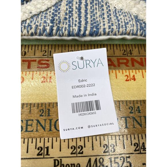 Surya Shaggy Texture White Blue Aztec Boho Tribal Pillow Cover 22x22 100% Cotton - Picture 4 of 10